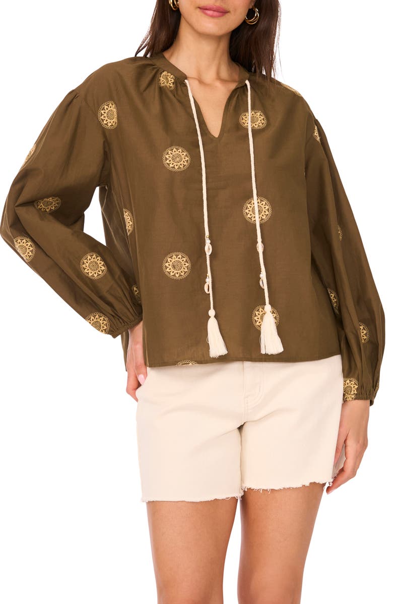 Two by Vince Camuto Embroidered Tassel Tie Neck Top, Main, color, Dark Olive