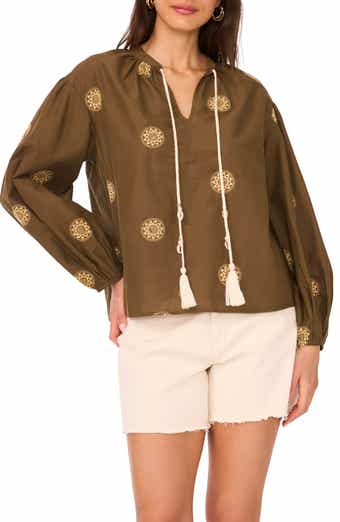 Two by Vince Camuto Embroidered Tassel Tie Neck Top