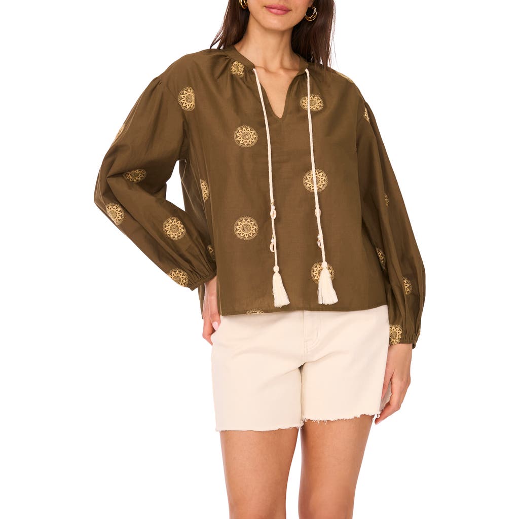 Two By Vince Camuto Embroidered Tassel Tie Neck Top