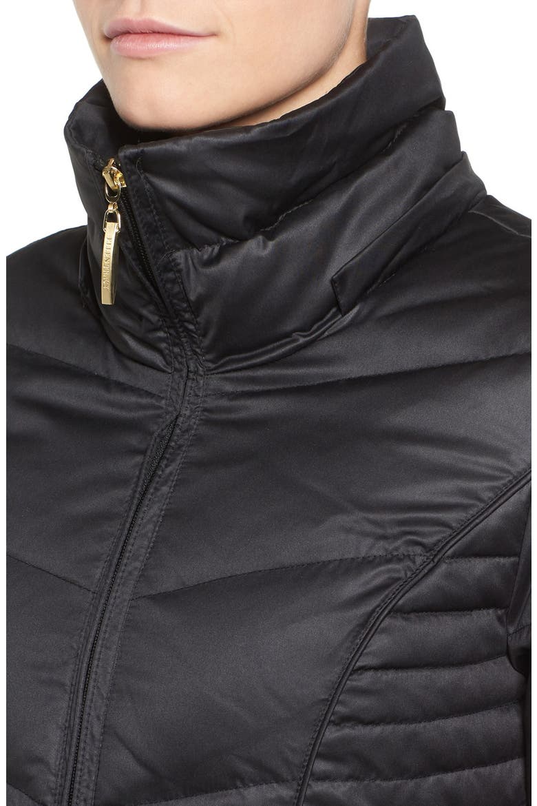 Faux Fur Trim Matte Satin Down Coat, Alternate, color, BLACK