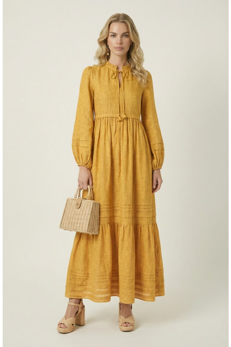 Midi Shirred Neckline Tie Front Long Sleeve Tiered Hem Dress, Main, color, Mustard Yellow