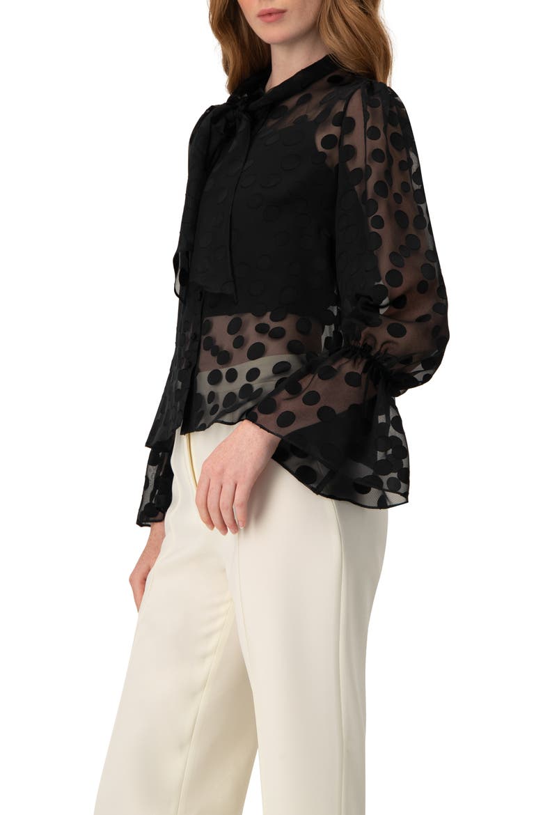 Polka Dot See Though Blouse with Tie Neck, Alternate, color, Black