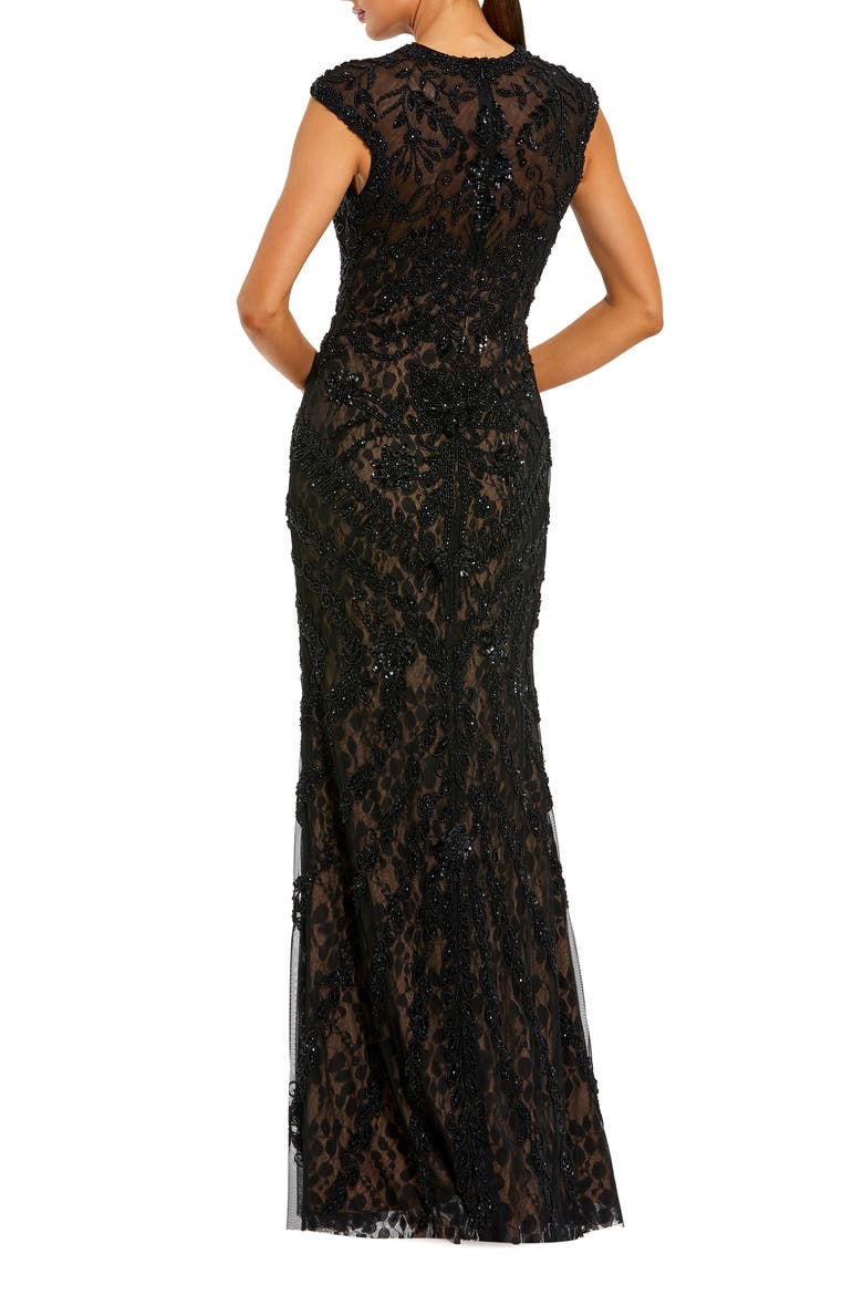 Petite Beaded Lace Mesh High-Neck Sleeveless Column Gown, Alternate, color, Black Nude