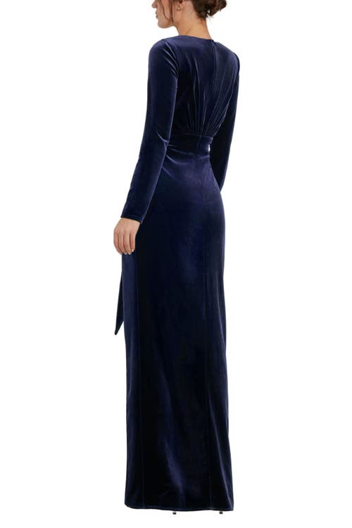 Mac Duggal Long Sleeve Deep V Neck Draped Velvet Gown In Blue