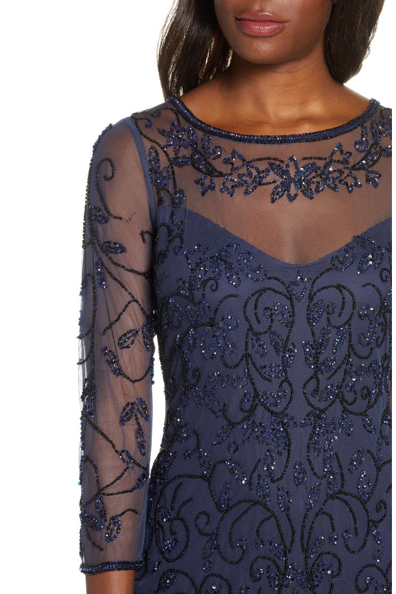 Beaded Mesh Mock Two-Piece Gown, Alternate, color, NAVY/ BLACK