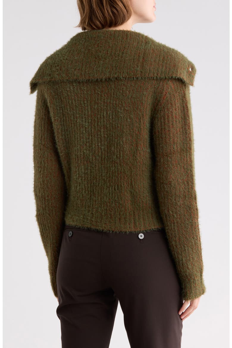 Fuzzy Knit Collared Cardigan, Alternate, color, OLIVE/ RUST