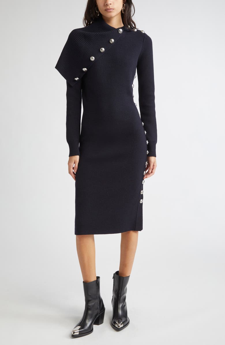 Rabanne Drape Shoulder Long Sleeve Merino Wool Sweater Dress, Main, color, Navy