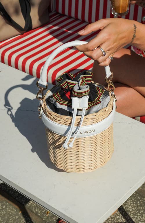 Kai & Vrosi K'ai & Vrosi Leather & Straw Bucket Bag With Drawstring In White