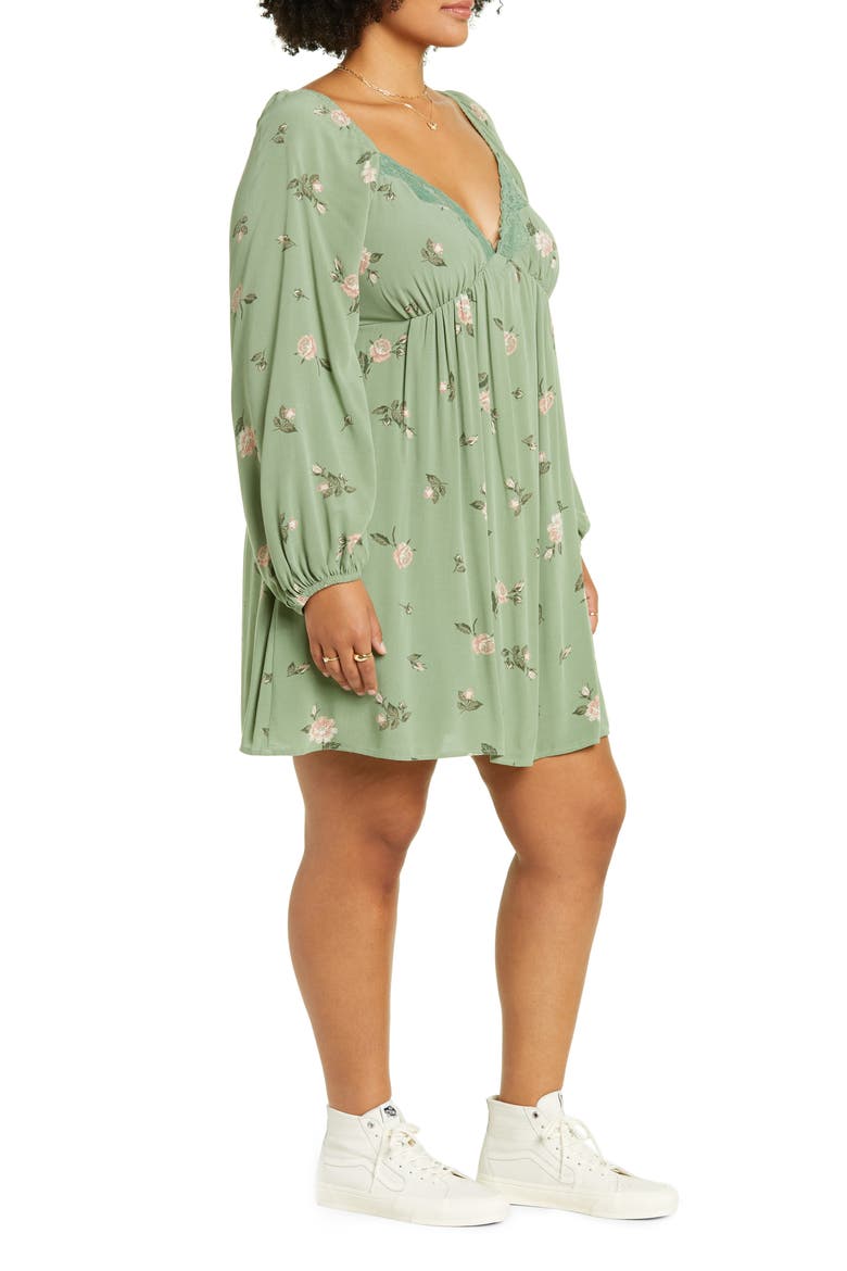 Lace Trim Long Sleeve Babydoll Dress, Alternate, color, GREEN ROSEBUD