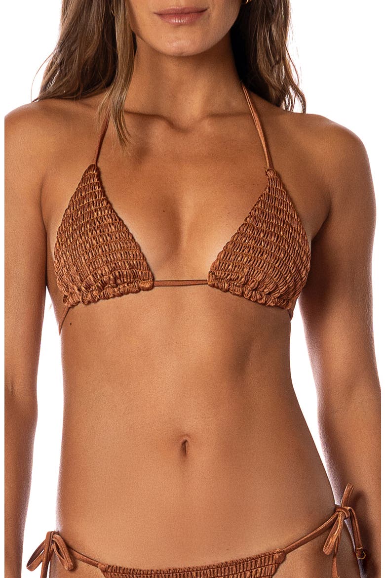 Golden Sand Balmy Smocked Triangle Bikini Top, Main, color, BROWN