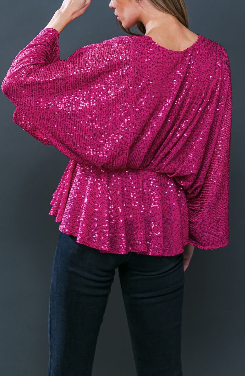 FLYING TOMATO Sequin Embellished Batwing Sleeve Peplum Top, Alternate, color, Fuchsia