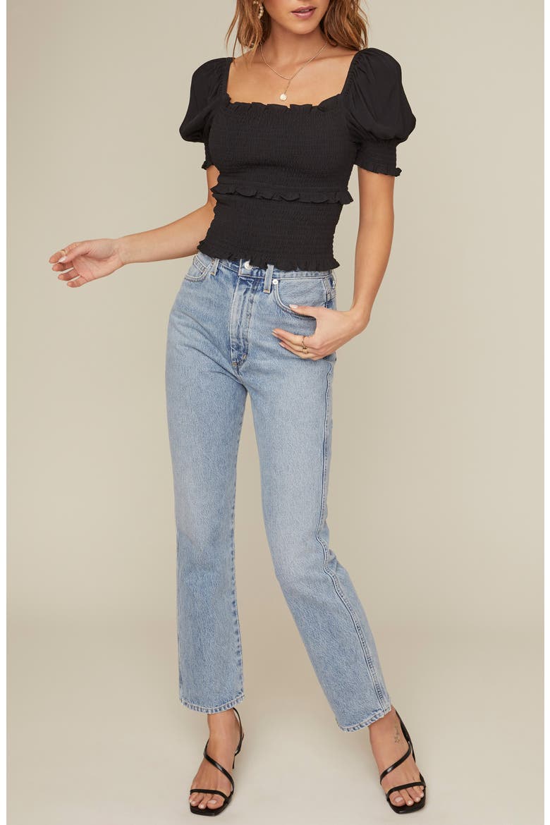 Glenna Smocked Puff Sleeve Top, Alternate, color, BLACK