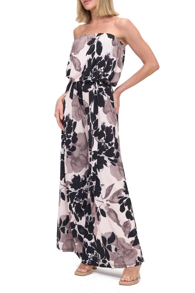 Printed Strapless Wide Leg Jumpsuit, Alternate, color, BLACK/WHITE/GREY