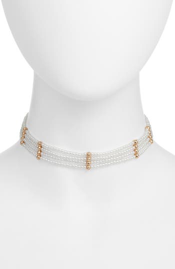 Open Edit Faux Pearl Choker Necklace In White