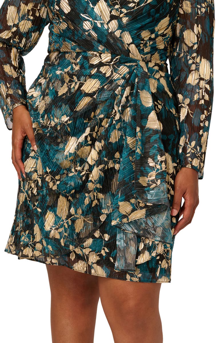 Adrianna Papell Long Sleeves Crinkle Foil Faux Wrap Dress, Alternate, color, Teal Sapphire/ Gold