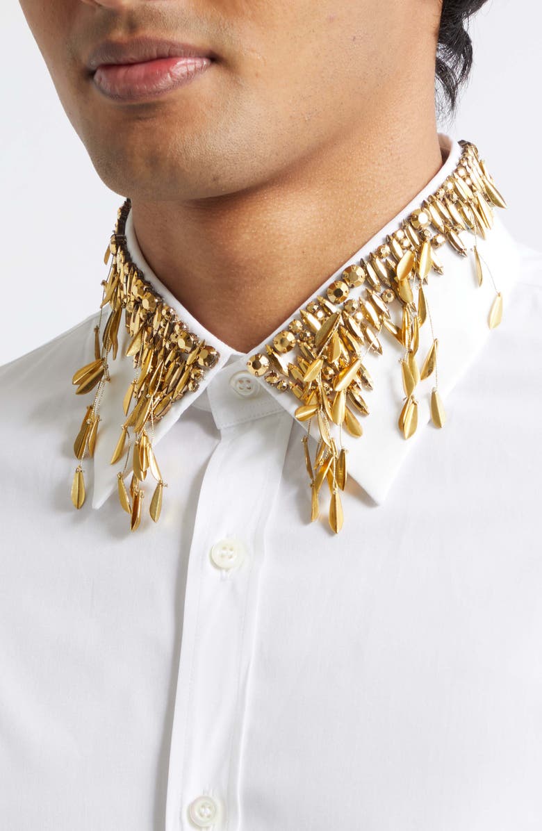 McQueen Gold Leaves & Crystal Embroidered Collar Cotton Poplin Button-Up Shirt, Alternate, color, White
