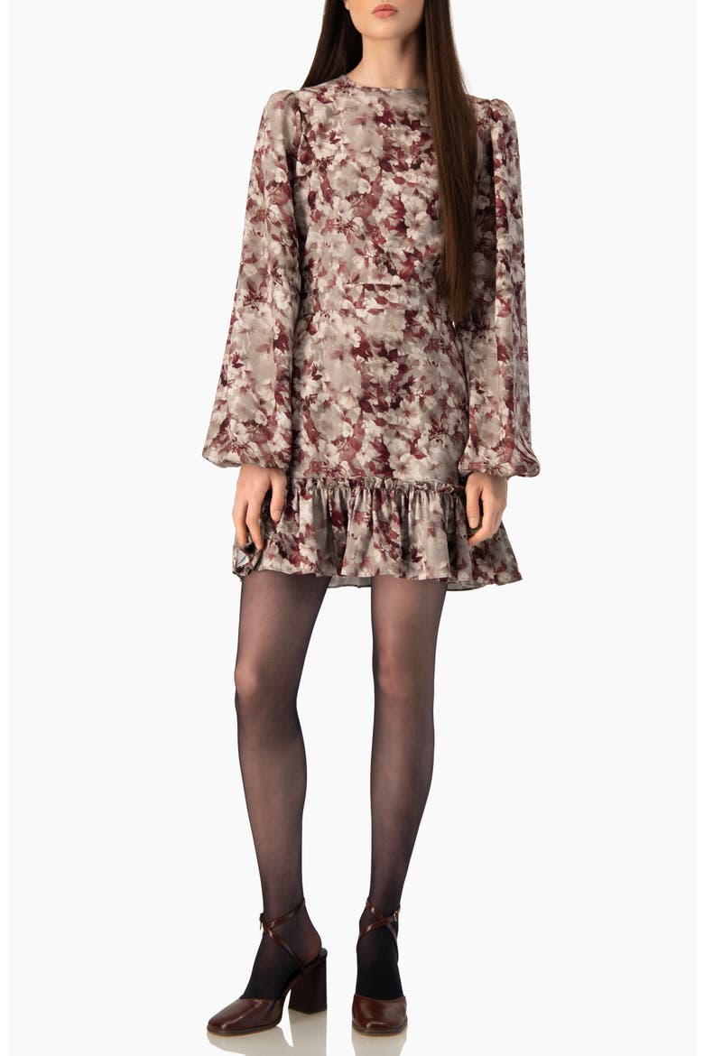 Floral-print Long-sleeve Fit-and-flare Dress, Alternate, color, Grey