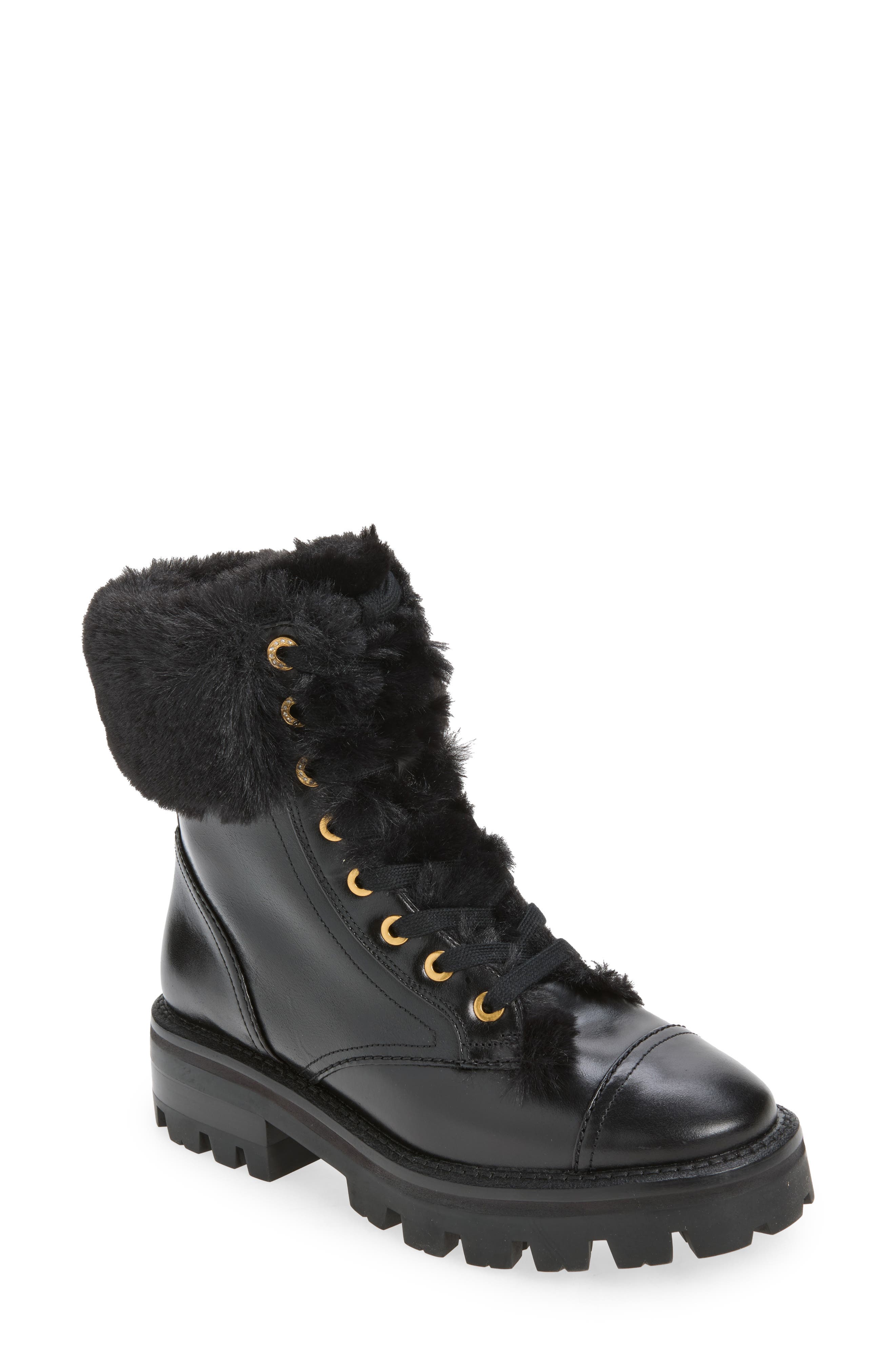 merritt faux fur trim winter boot, Main, color, BLACK