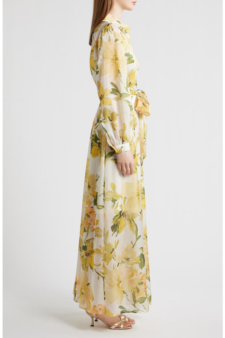 Floral Long Sleeve Tie Belt Organza Cocktail Shirtdress, Alternate, color, YELLOW MULTI