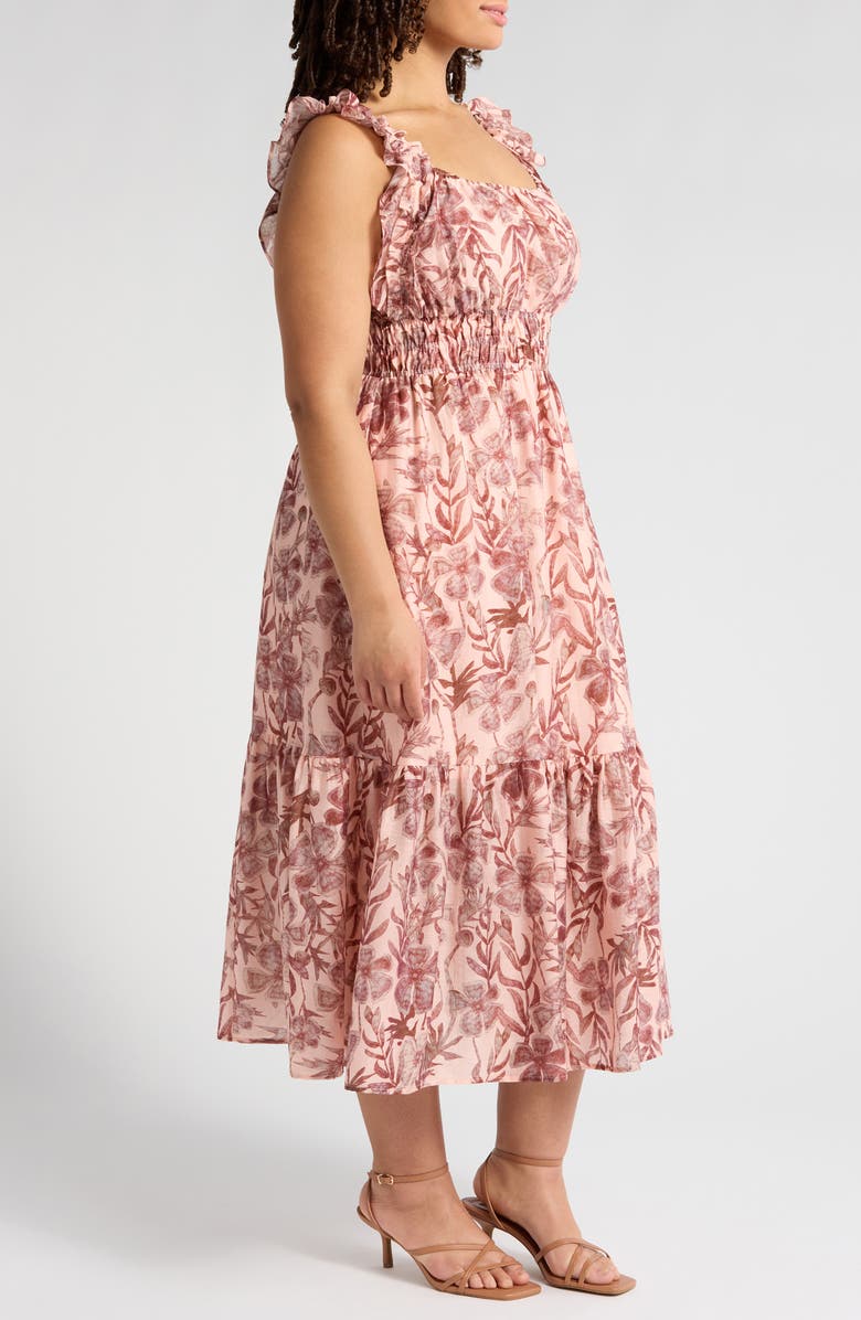 MELLODAY Floral Ruffle Tiered Midi Dress, Alternate, color, Mauve/ Blush Floral