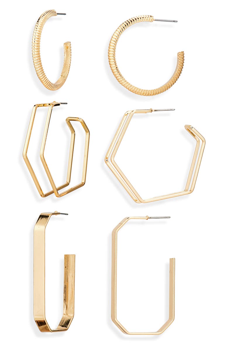Set of 3 Assorted Hoop Earrings, Main, color, GOLD