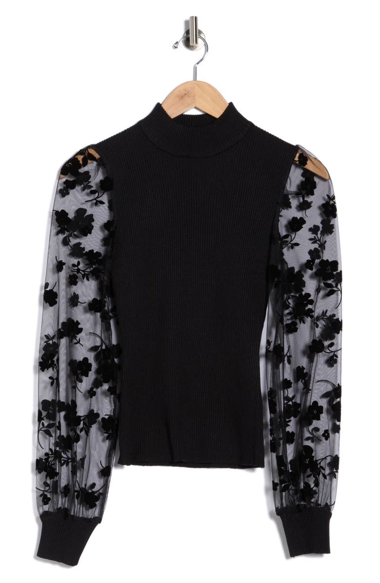 Madden Girl Flocked Flower Mesh Sleeve Sweater, Main, color, Black