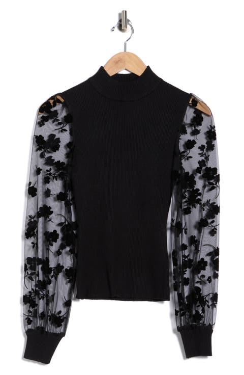 Flocked Flower Mesh Sleeve Sweater