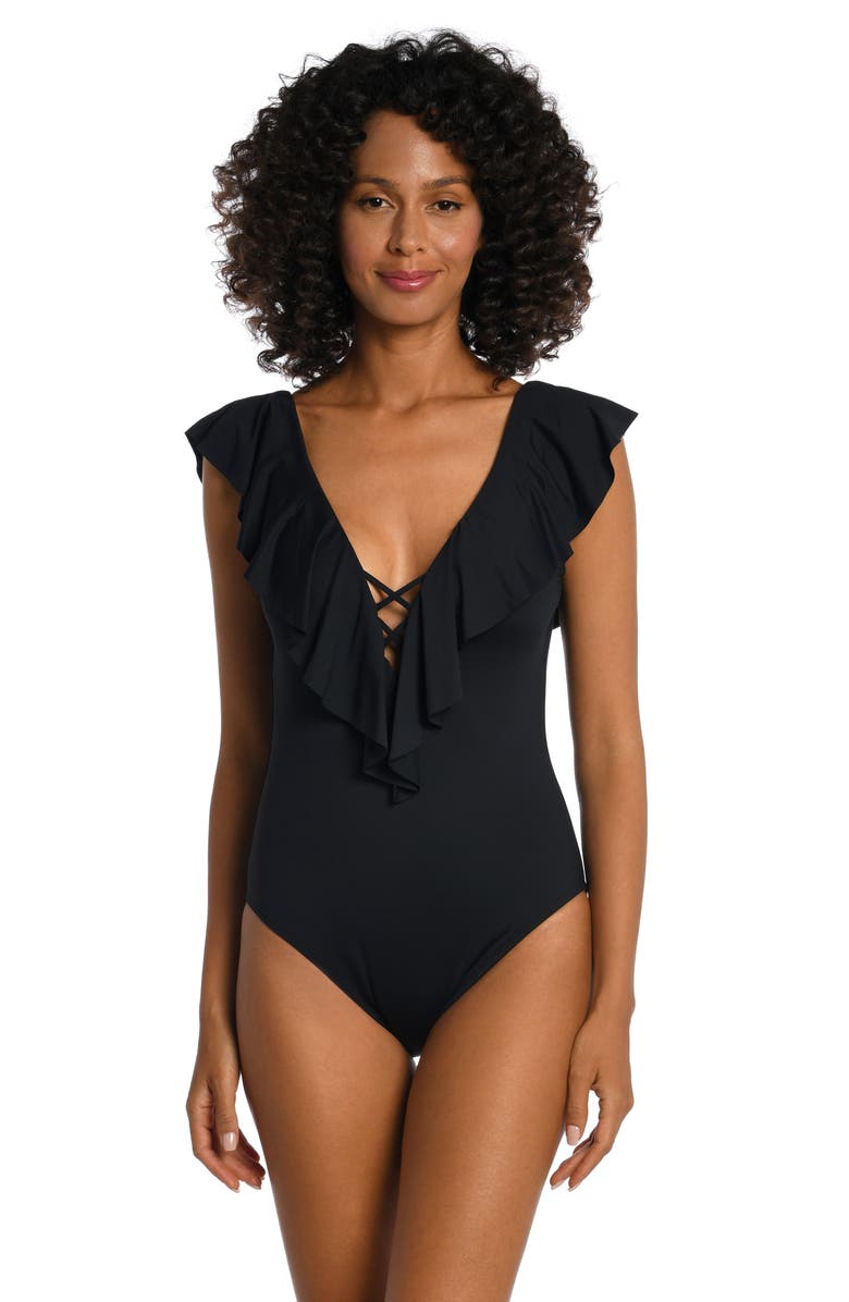 La Blanca Ruffle Plunge One-Piece Swimsuit, Alternate, color, Black