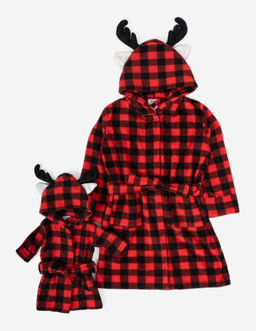 Leveret Girls Fleece Hooded Robe With Matching Doll Robe In Red