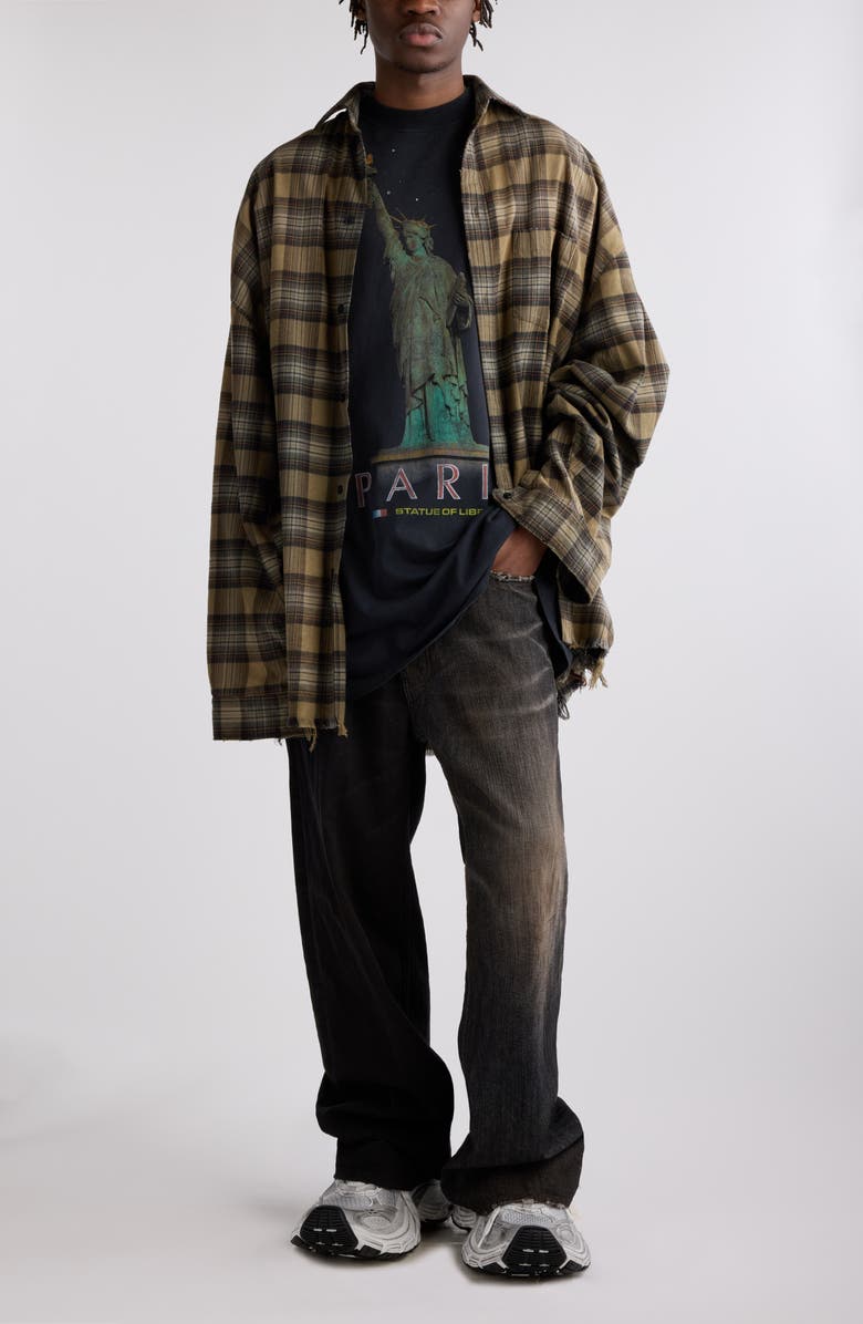 Balenciaga Layered Plaid Distressed Paris Liberty Graphic Top, Alternate, color, Light Khaki