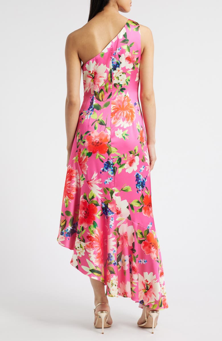 Eliza J One Shoulder Floral Asymmetric Satin Cocktail Dress, Alternate, color, Hot Pink