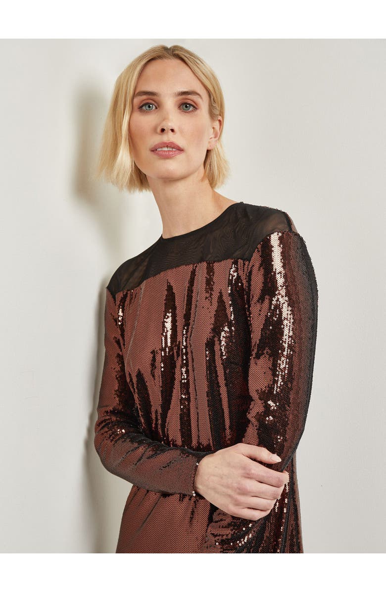 Misook Modern Fit Sheer Shoulder Sequin A-Line Maxi Dress, Alternate, color, Mahogany