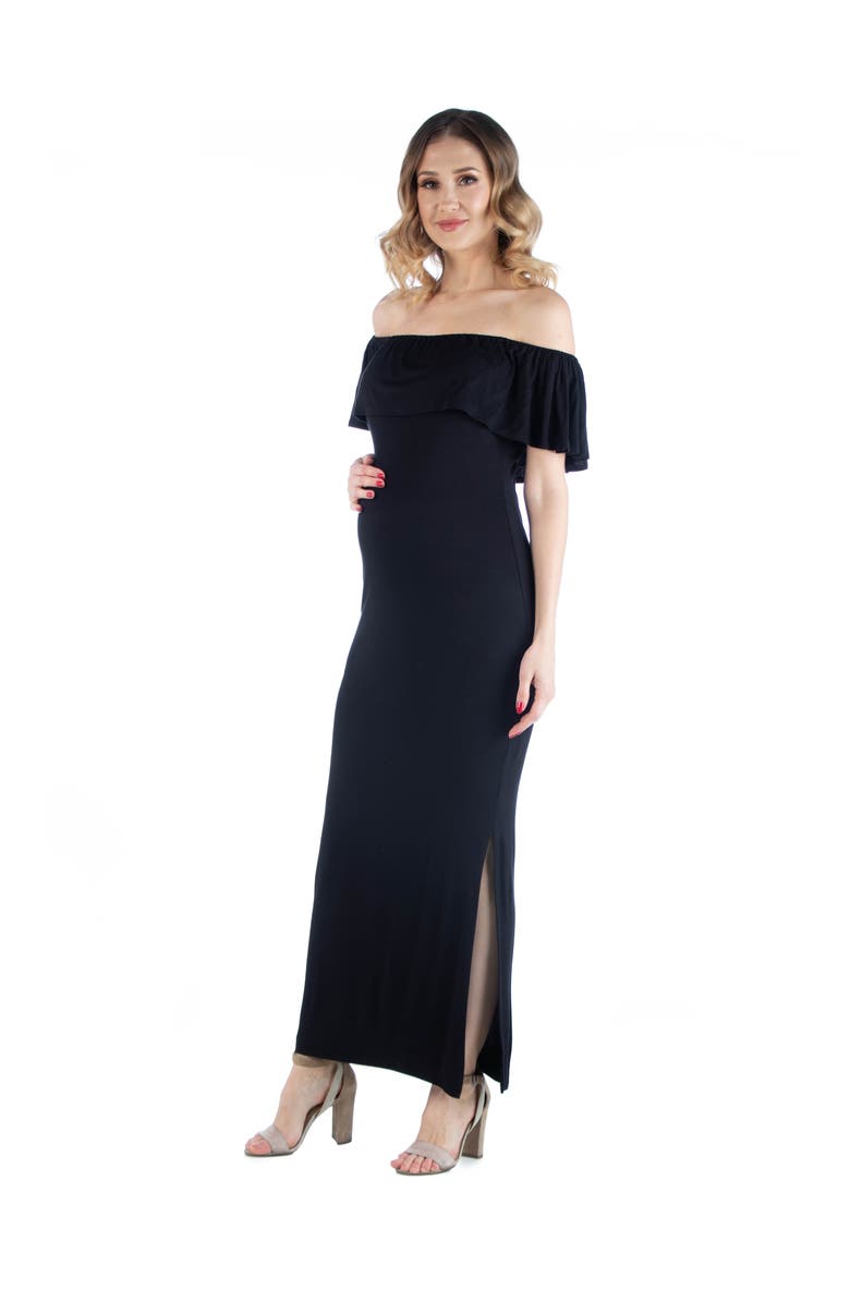 24seven Comfort Apparel Maternity Off Shoulder Ruffle Detail Maxi Dress, Alternate, color, Black