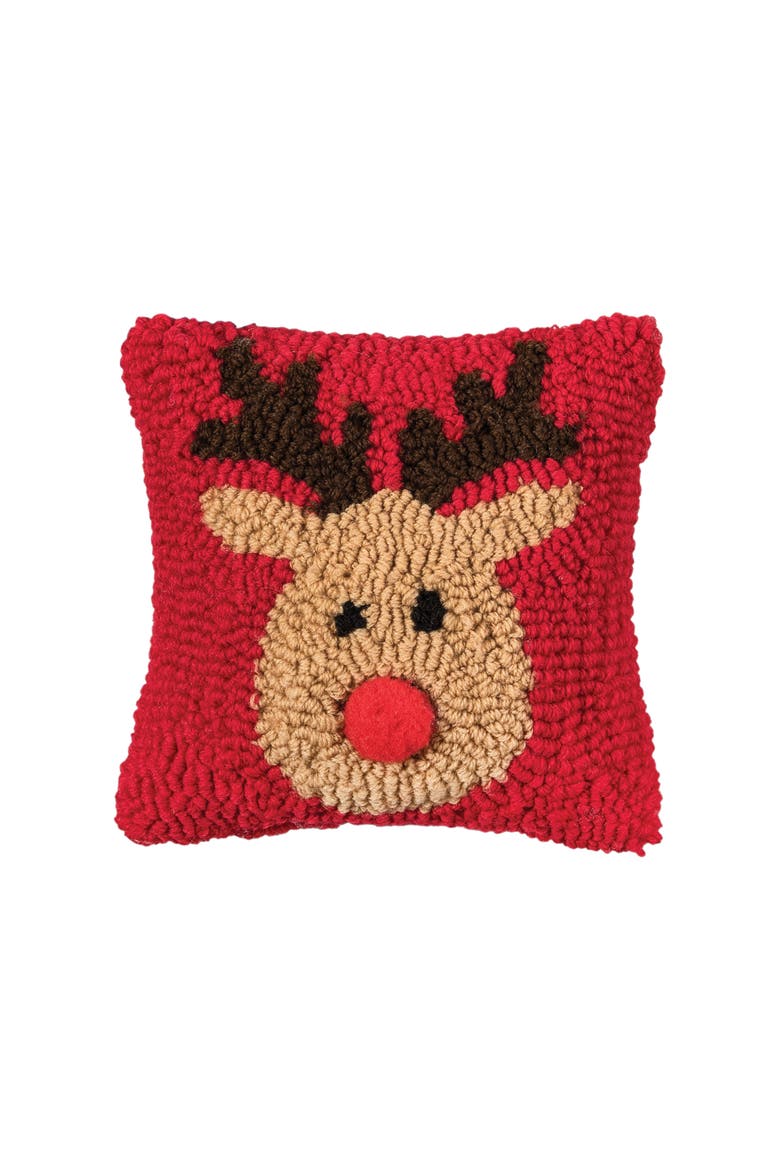 Red Nose Reindeer Games Hooked Christmas Mini Accent Pillow 8" x 8", Alternate, color, Red