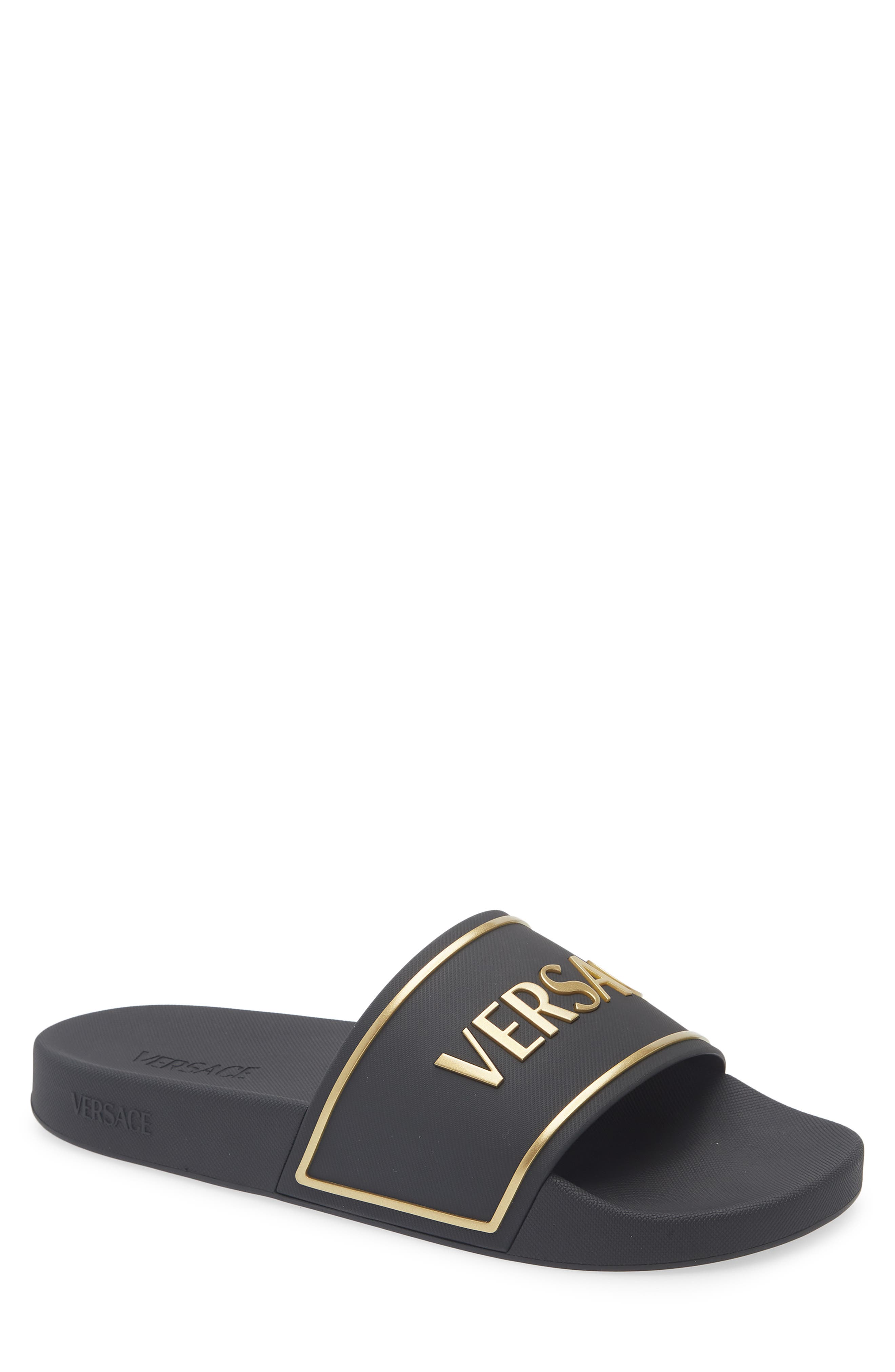 Versace Logo Pool Slide Sandal, Main, color, Black Gold