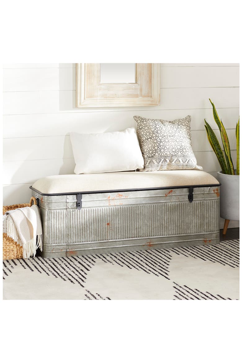 Gray Metal Galvanized Storage Bench with Cream Burlap Top, Alternate, color, GREY