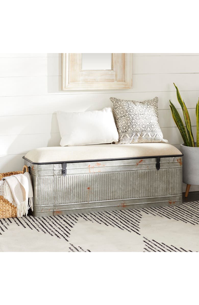 SONOMA SAGE HOME Gray Metal Galvanized Storage Bench with Cream Burlap Top, Alternate, color,