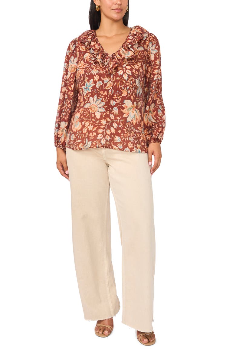Ruffle V-Neck Top, Alternate, color, RUSSET BROWN