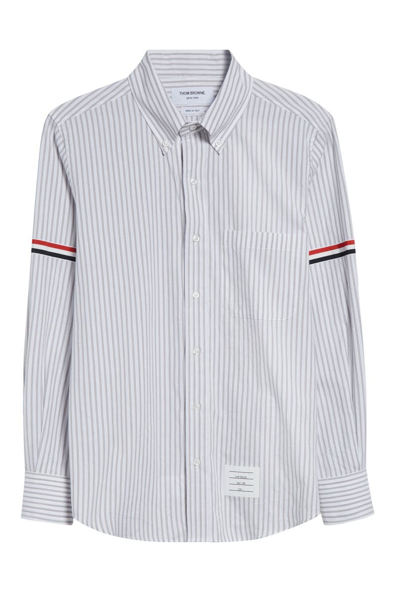 Armband Stripe Cotton Button-Down Shirt, Alternate, color, MEDIUM GREY