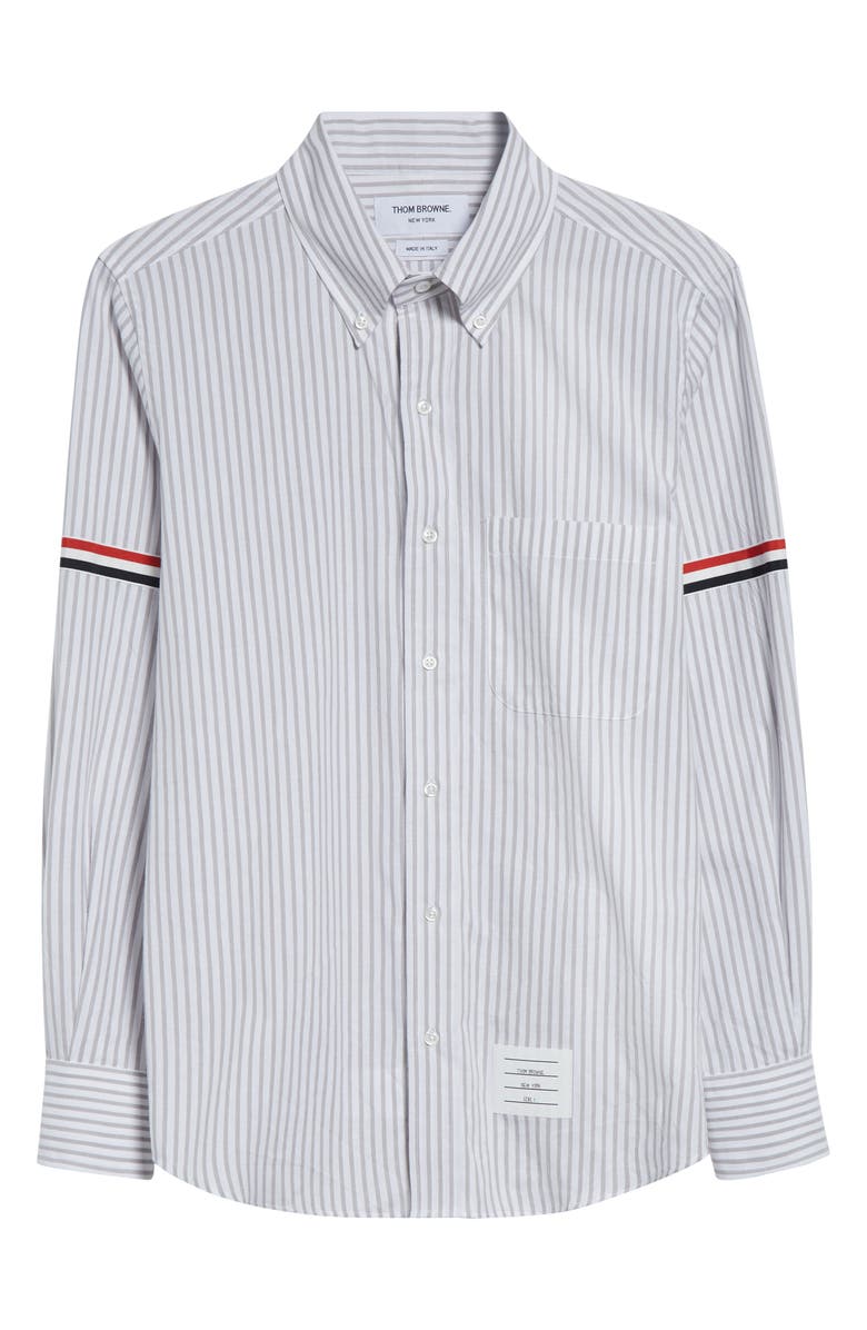 Thom Browne Armband Stripe Cotton Button-Down Shirt, Alternate, color, Medium Grey