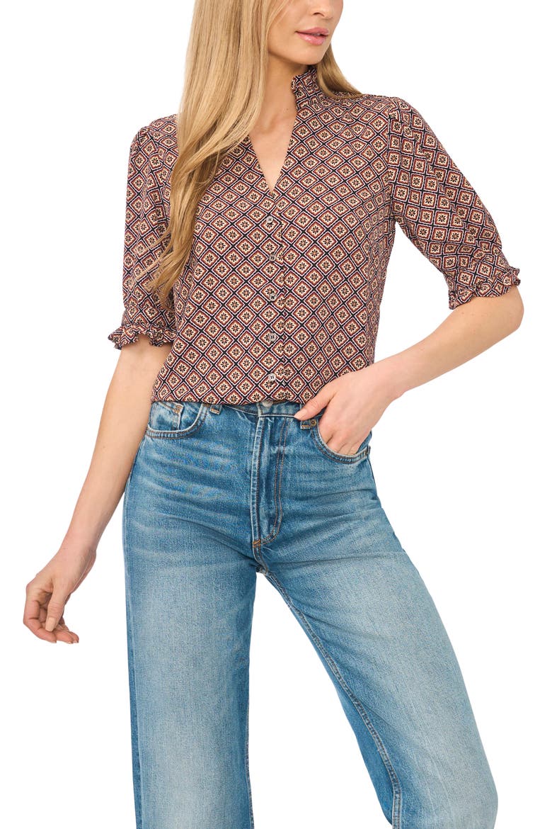 Ruffle Neck Button Front Shirt, Main, color, HAZEL
