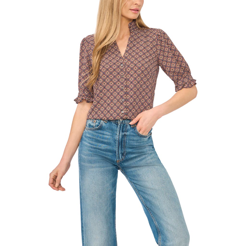 Cece Ruffle Neck Button Front Shirt In Brown