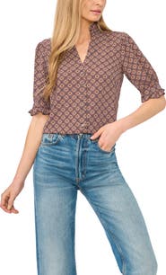 CeCe Ruffle Neck Button Front Shirt