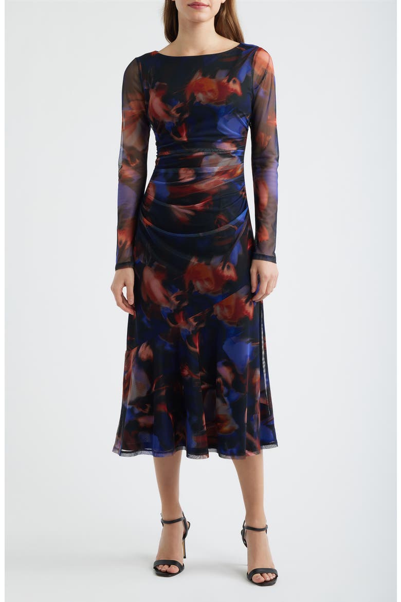 Printed Long Sleeve Mesh Midi Cocktail Dress, Main, color, BLUE/ BLACK/ RED