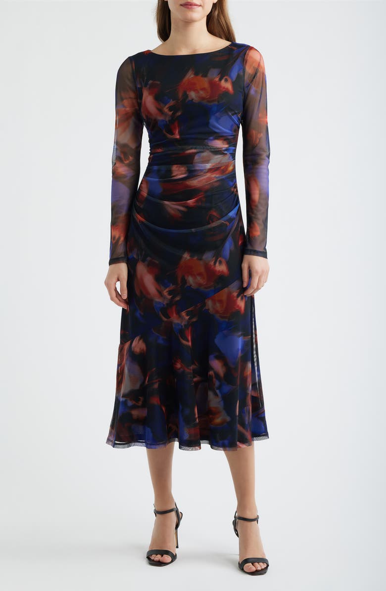 Vince Camuto Printed Long Sleeve Mesh Midi Cocktail Dress, Main, color, Blue/ Black/ Red