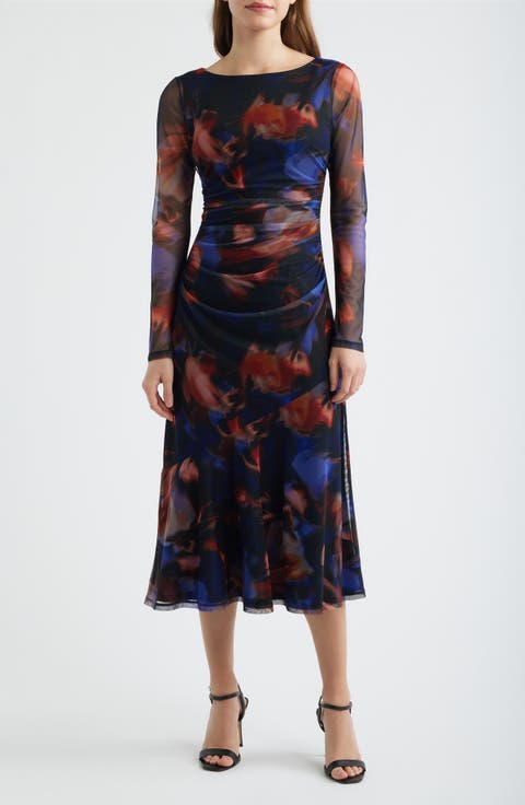 Printed Long Sleeve Mesh Midi Cocktail Dress