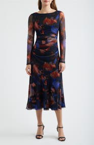 Vince Camuto Printed Long Sleeve Mesh Midi Cocktail Dress
