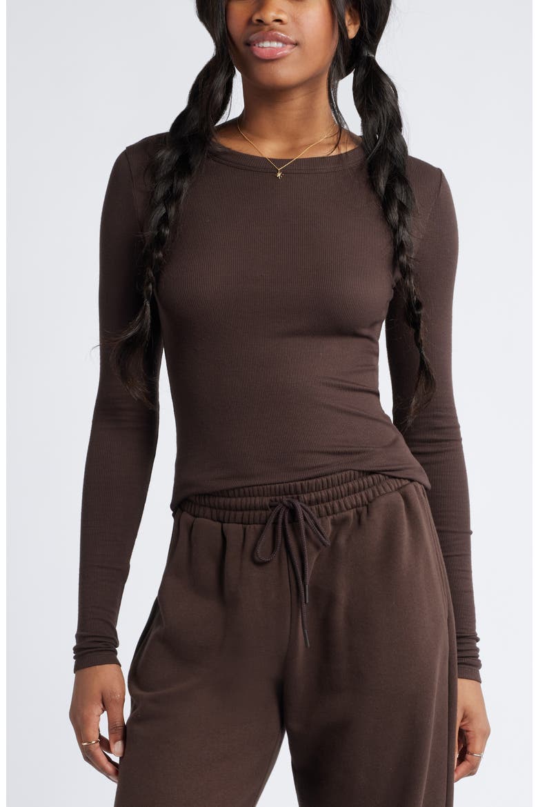 Ribbed Long Sleeve T-Shirt, Main, color, BROWN COFFEE
