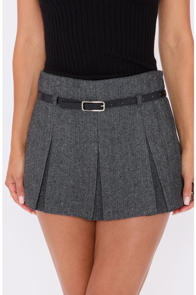 Sloane Pleated Belted Miniskirt, Alternate, color, CHARCOAL HERRINGBONE
