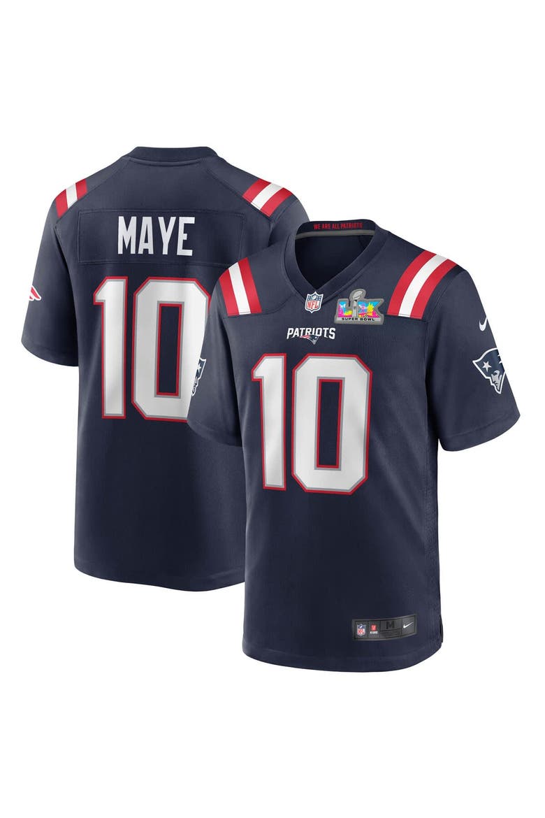 Men's Nike Drake Maye Navy New England Patriots Super Bowl LX Patch Game Jersey, Main, color, Navy